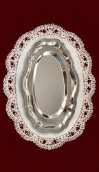 Silver oval vanity tray on lace, burgundy